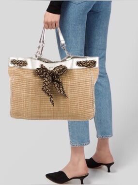 Gucci Large Straw Positano Tote straw  Bag Calfskin Trim Scarf Brown White Beige